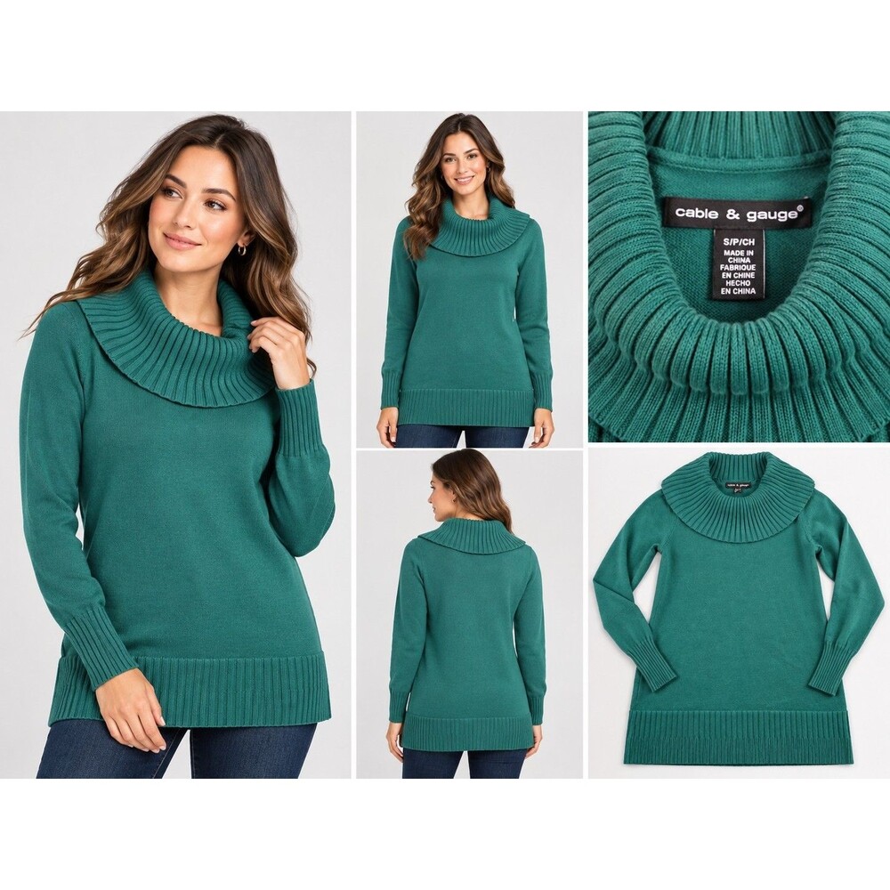 Cable & Gauge Women’s Small Teal Green Cowl Neck Long Sleeve Knit Tunic Sweater